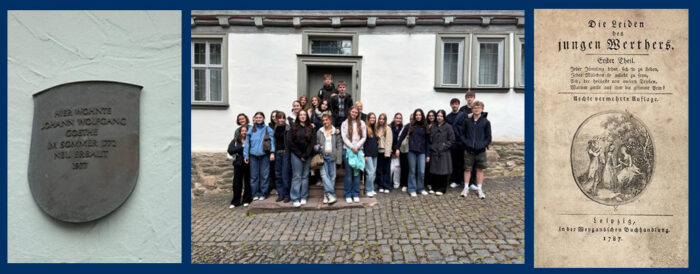 Drei Bilder: Gedenktafel, Gruppe vor Haus, Buchseite.